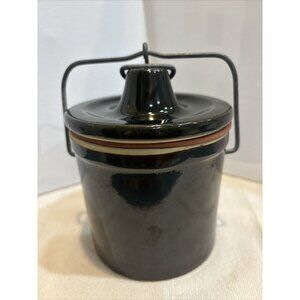 Vintage Medium Glazed Stoneware Cheese Crock w Wire Bail1 5 " diameter